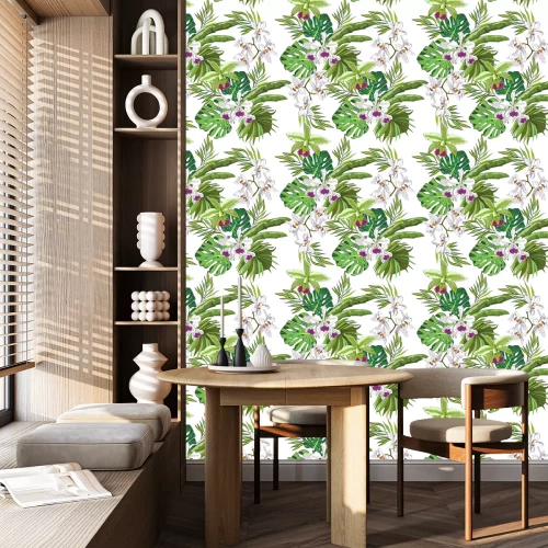 Behang Naadloze vector patroon van exotische vector getekende bloemen en bladeren. Tropische achtergrond.