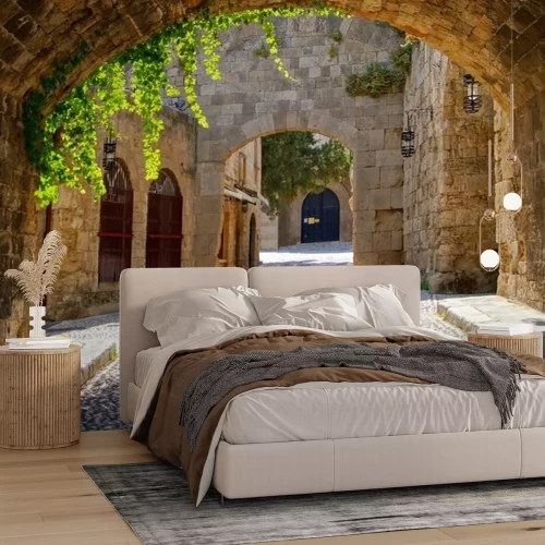 Fotobehang Middeleeuwse gebogen straat in de oude stad van Rhodos, Griekenland