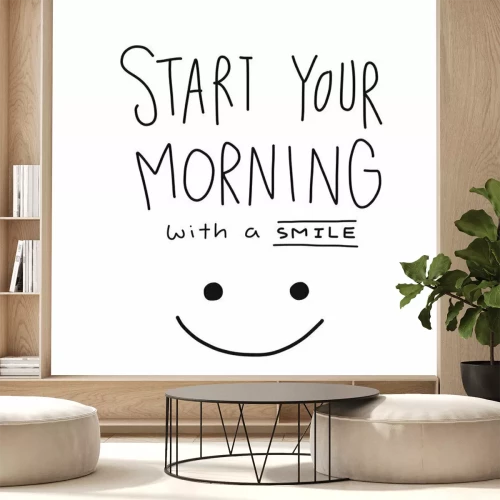 Sticker Begin je ochtend met een glimlach woord en gezicht vector illustratie