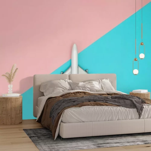 Sticker Toy vliegtuig op blauwe en roze pastelkopie ruimte