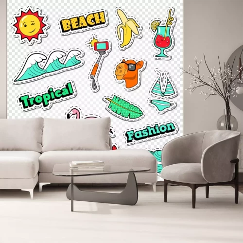 Sticker Strandvakantie Stickers Set. Tropische Vakantie Doodle Met Flamingo, Bikini En Cocktail. Vector illustratie