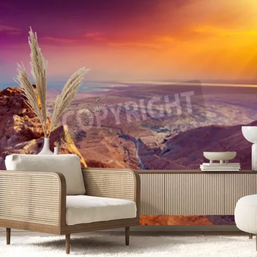 Fotobehang Woestijnrotsen en zonsondergang