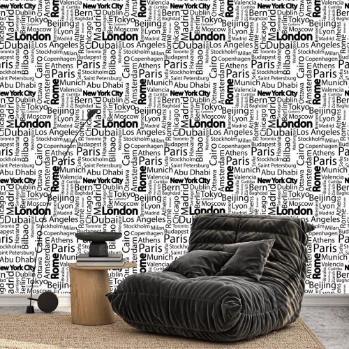 Behang Steden van de wereld naadloze patroon. De namen van de steden van de wereld. Kunst naadloze vector patroon achtergrond met namen van steden. Naadloos patroon met namen van steden.