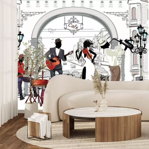 Sticker Straatmuzikanten in de stad. Jazzband. Hand getekende vectorillustratie met retro gebouwen.