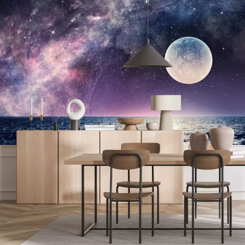 Fotobehang Sterrenhemel, nevels en maan boven de zee abstract