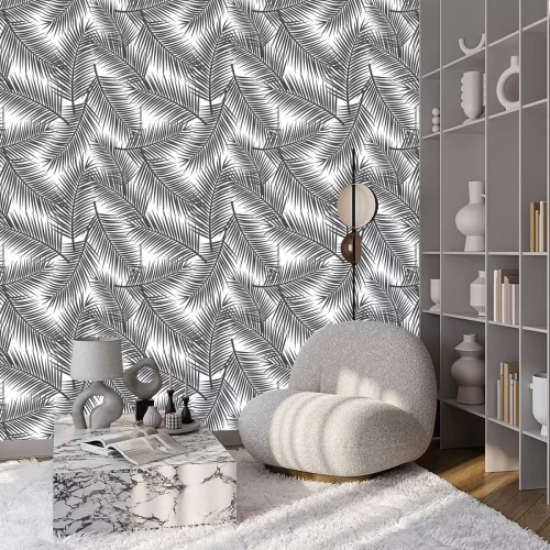Behang Zwart-witte bladeren in een minimalistische stijl