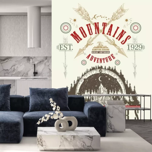 Sticker Buitenafdruk. Bergen tattoo kunst, t-shirt ontwerp. Bergen, symboolreizen, toerisme, extreme sporten en bergbeklimmen, bergenstammen