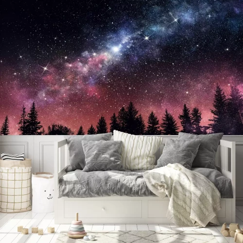 Fotobehang Bos en sterrenhemel 's nachts