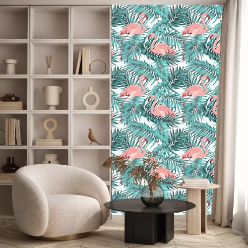 Behang Exotische flamingo's en bladeren