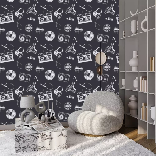 Behang Naadloze Patroon Met Krabbel Muziek Uitrusting En Toebehoren Op Zwarte Achtergrond