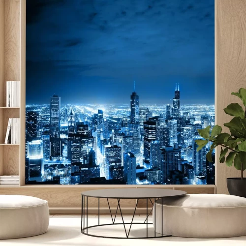 Fotobehang Blauwe lucht en uitzicht op Chicago