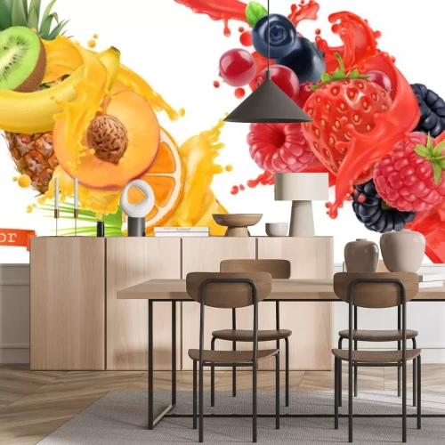 Sticker Fruit barstte. Splash van sap. Zoete tropische vruchten en gemengde bosbessen. 3d realistische vector icoon set