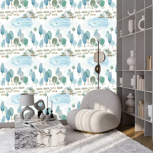 Behang Naadloos patroon van een visser's huis en tuin. Landschap van een bos, meer en meer. Watercolor hand getekende illustratie. White background.