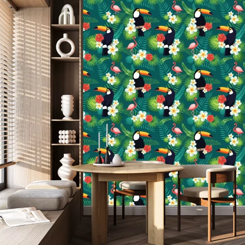 Behang Toekans en flamingo's