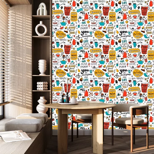 Behang Koffiepatroon met doodle theepotten, cups, inspirerende citaten en desserts. Koffie is altijd een goed idee. Eet goed, voel je goed. Eet smakelijk. Naadloze textuur voor menu-ontwerp.