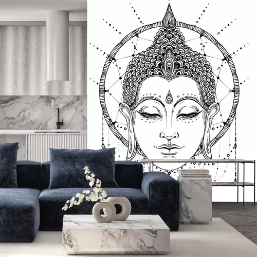 Sticker Zwart-wit tekening van een boeddha met gesloten ogen