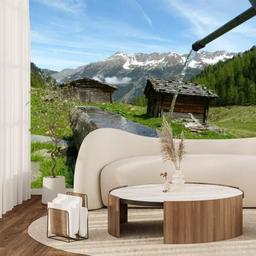 Fotobehang Chalets op de achtergrond van de bergen