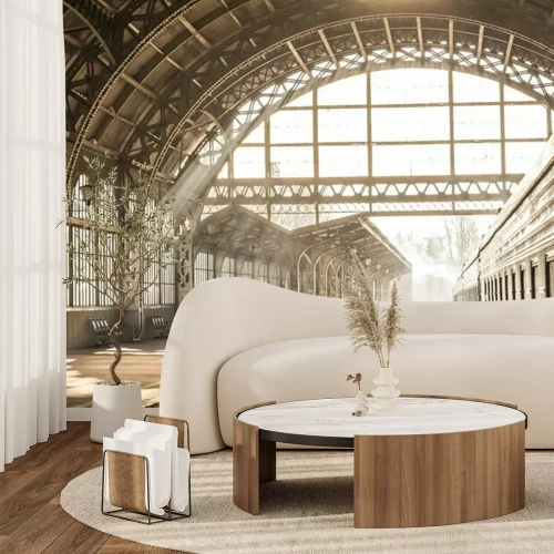 Fotobehang Treinstation bij zonsopgang