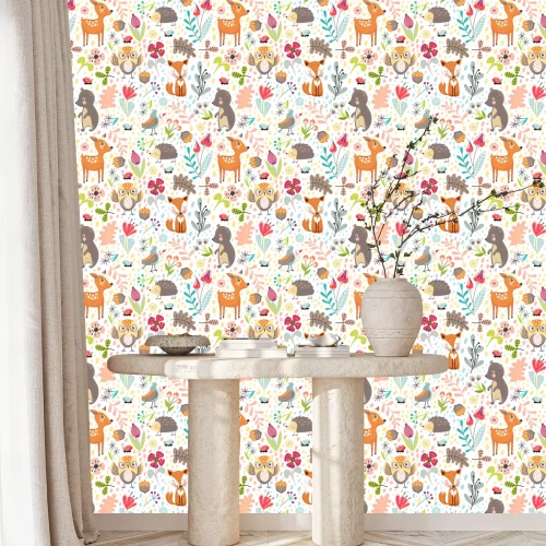 Behang Kleurrijke bosdieren op een witte achtergrond