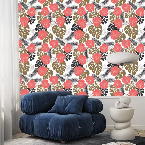 Behang Naadloos tropisch patroon met monstera bladeren en bloemen op witte achtergrond