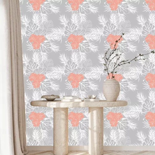 Behang Zomer naadloos tropisch patroon met monstera palmbladeren en planten op grijze achtergrond