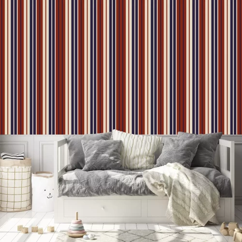 Behang Verticaal strepenmotief met rode kleuren