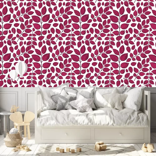 Behang Naadloos patroon van mooie donkerrode berk, kamperfoeliebladeren, takje, takken, schetsstijl vectorillustratie op witte achtergrond. Hand getekende kamperfoelie takje naadloos patroon