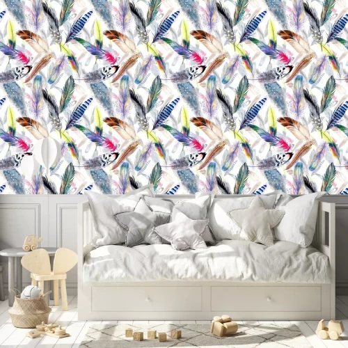Behang Gekleurde veren geschilderd met waterverf