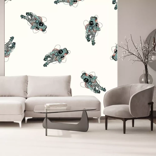 Fotobehang Astronaut in ruimtepak naadloos patroon. Cosmonaut in de ruimte op een witte achtergrond. Kleurrijke vector illustratie.