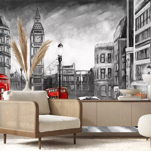 Fotobehang Aquarelschilderij van Londen met een bus en een telefooncel