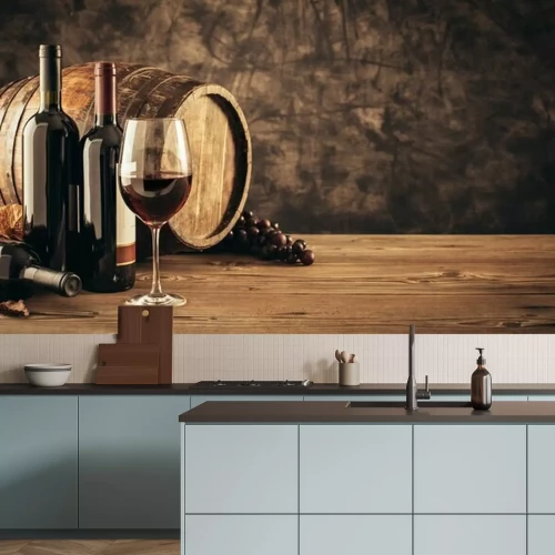 Fotobehang Wijnvaten en degustatieglazen