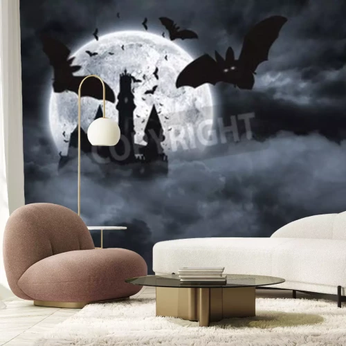 Fotobehang Digitaal gegenereerde vleermuizen vliegen van draculas kasteel