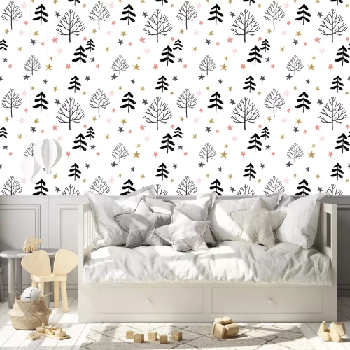 Behang Bomen tussen kleurrijke sterren