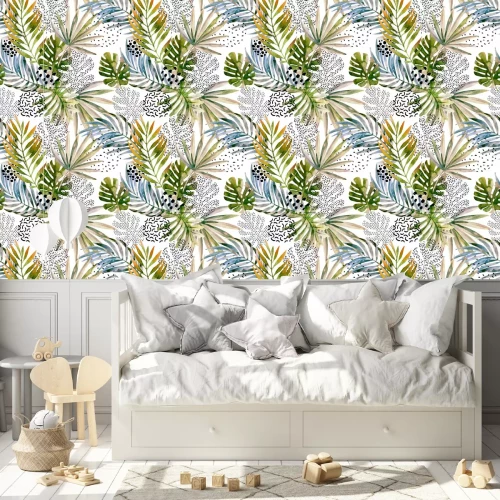 Behang Monstera en palmbomen met abstracte toevoegingen