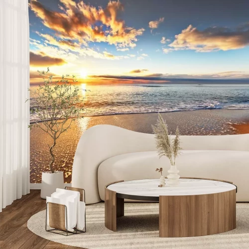 Fotobehang Zonsopgang en brekende golven