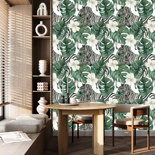 Behang Aquarel zebra print witte bloemen en tropische bladeren