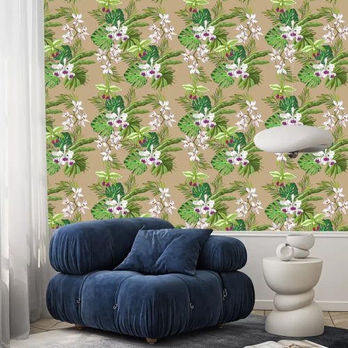 Behang Naadloze vector patroon van exotische vector getekende bloemen en bladeren. Tropische achtergrond.