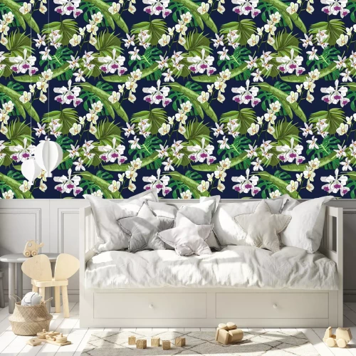 Behang Naadloze vector patroon van exotische hand getekende bloemen en bladeren. Tropische achtergrond.