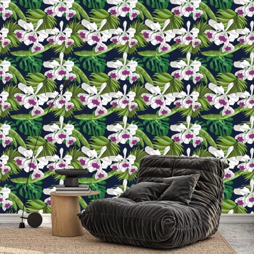 Behang Naadloze vector patroon van exotische hand getekende bloemen en bladeren. Tropische achtergrond.