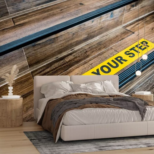 Sticker Let op dat je stapstickerbord op houten trap is geplakt. Waarschuwingen, abstracte of binnen-architectuurconcept