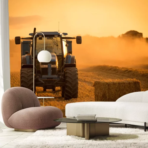 Fotobehang Tractor zonsondergang oogst