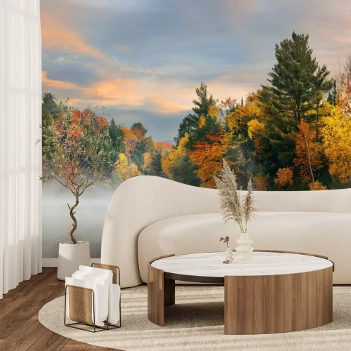 Fotobehang Herfstlandschap met bomen en een rivier