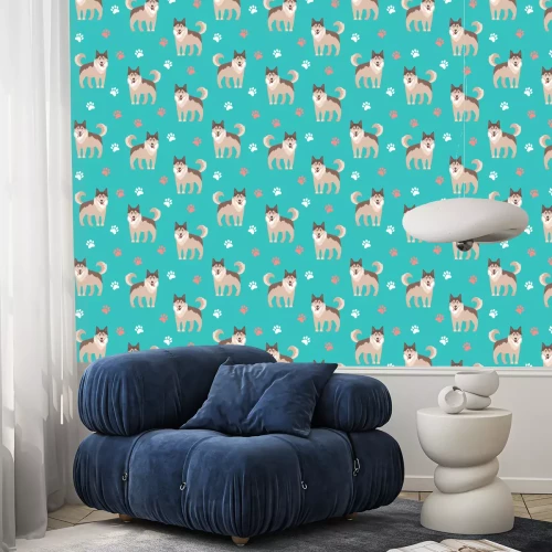 Behang Husky honden op turquoise achtergrond