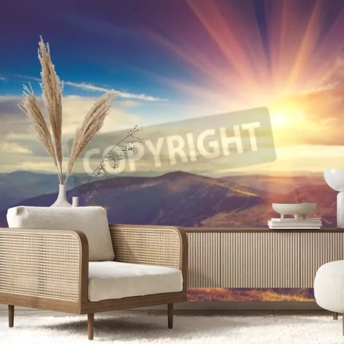 Fotobehang Zonsopgang achter de bergen
