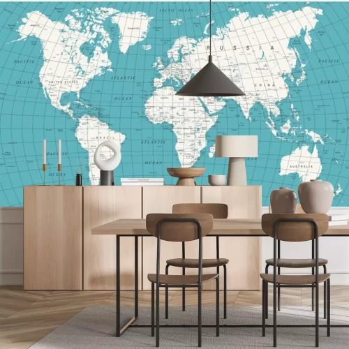 Fotobehang Politieke kaart van de wereld in wit en blauw