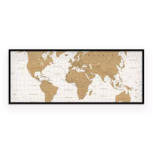 Poster Bruine wereldkaart, verdeeld in landen.