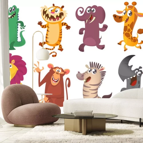 Sticker Cartoon tropische dieren set. Set van cartoon dieren vector illustratie. Krokodilalligator, tijger, olifant, giraf, leeuw, aapchimpans, zebra en neushoorn