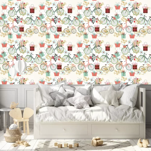 Behang Bloemen behang patroon met fietsen en bloemen