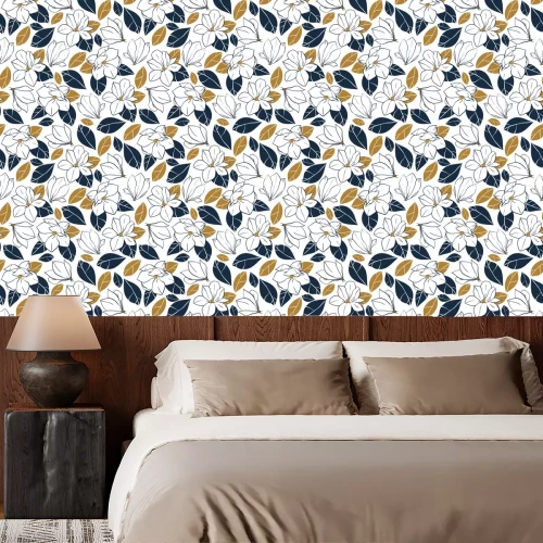Behang Vector trendy naadloze patroon met botanische elementen. Magnolia bloemen, knoppen en bladeren in diepblauw en mosterd kleuren.