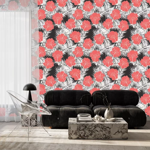 Behang Naadloos tropisch patroon met witte bladeren Nad rode bloemen op een witte achtergrond